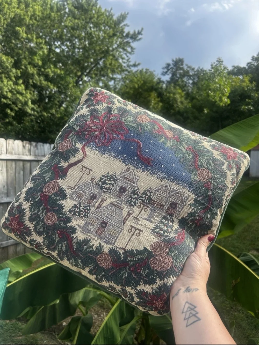 Vintage Needlepoint Christmas Tapestry Throw Pillow 14